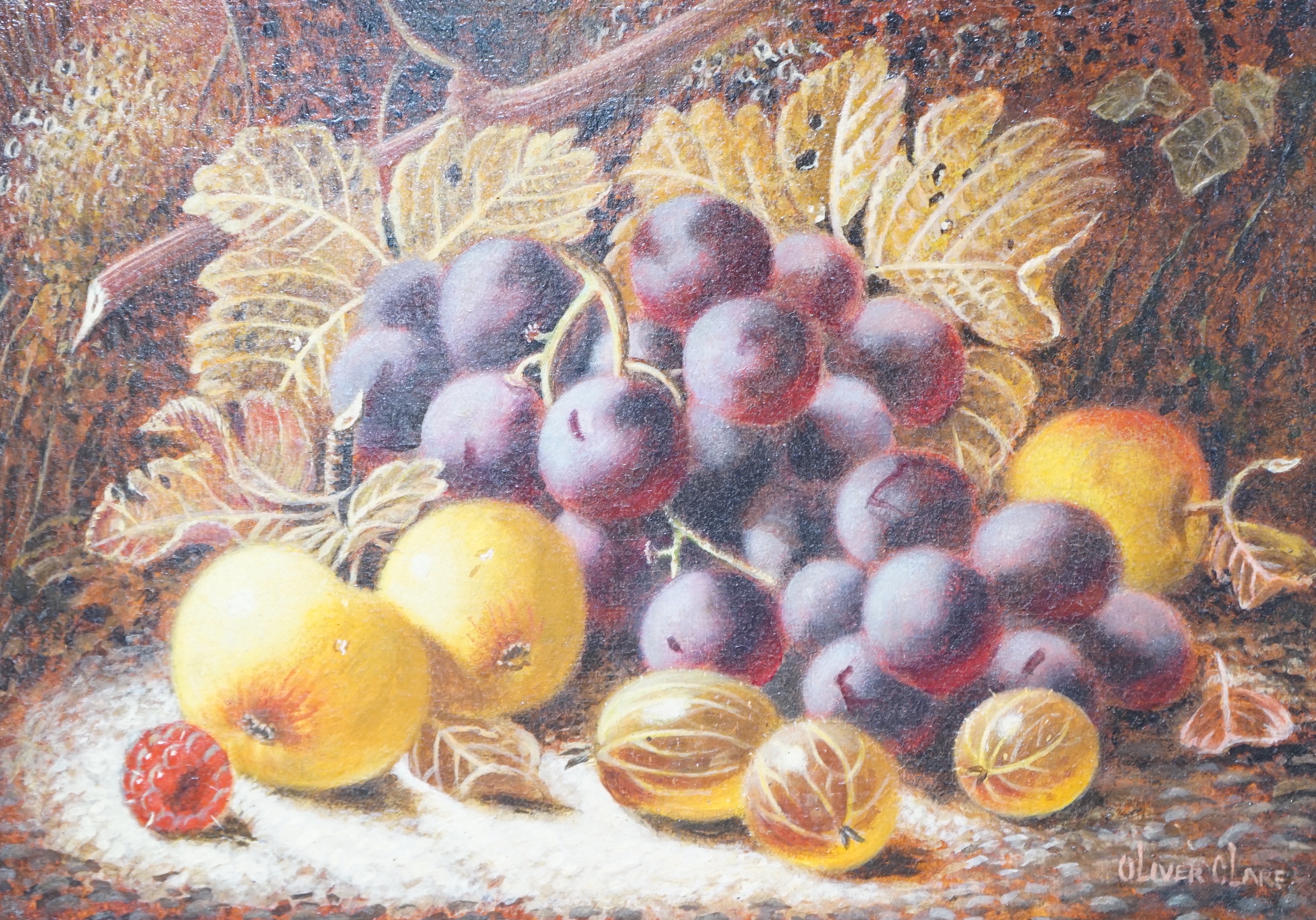 Oliver Clare (1853-1927), oil on canvas, 'Still life with grapes, apples and gooseberries', signed, ornate gilt framed, 17 x 24cms